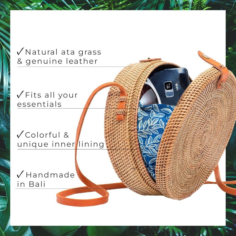 Round Rattan Bag for Women - Handmade Ata Wicker Woven Purse - Circle, Square, O - Picture 3 of 6